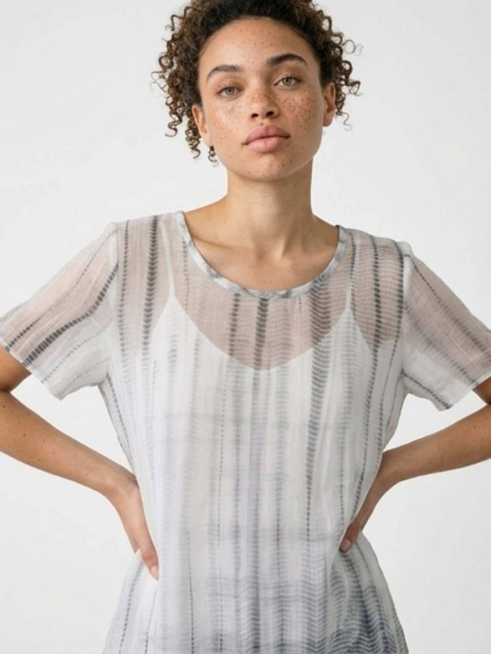 Eileen Fisher White Sheer Striped High-Low Tunic - Picture 3 of 10